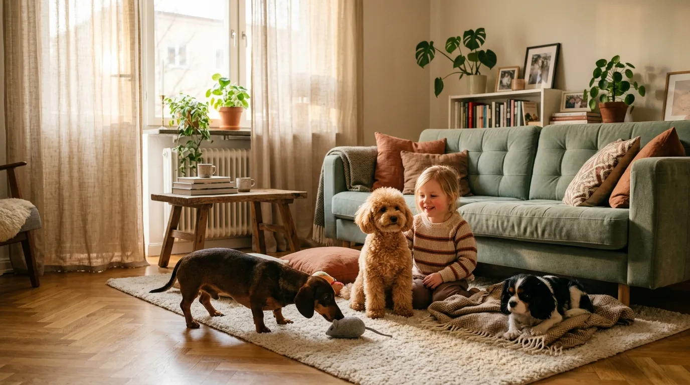 Enfant et chiens dans un salon Petite fille jouant avec trois chiens dans un salon lumineux et moderne