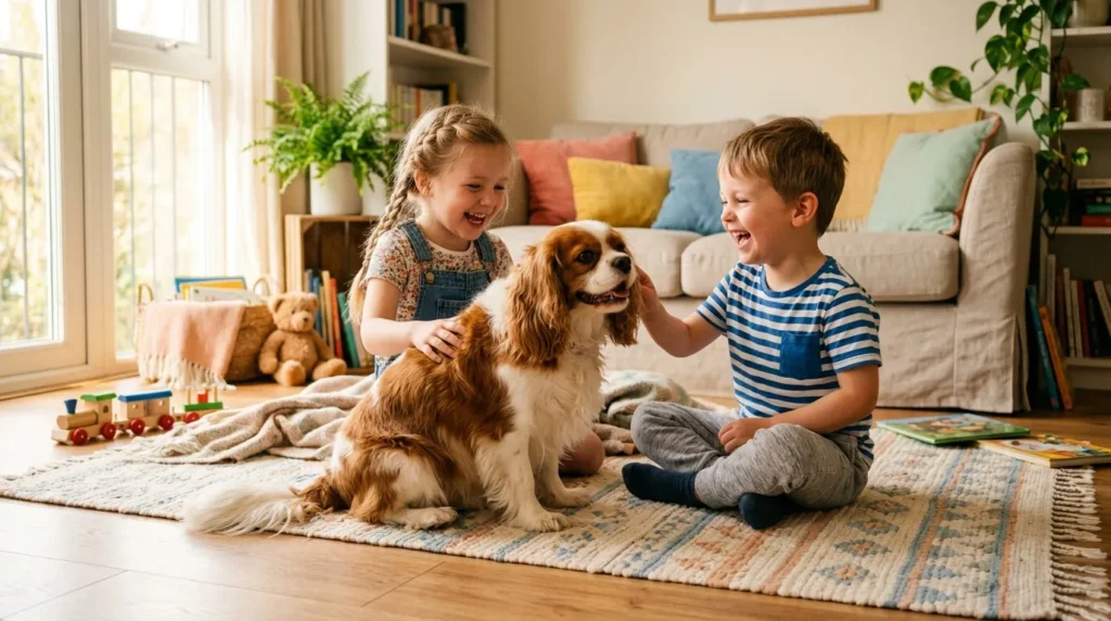 Deux enfants heureux caressent un chien assis sur un tapis