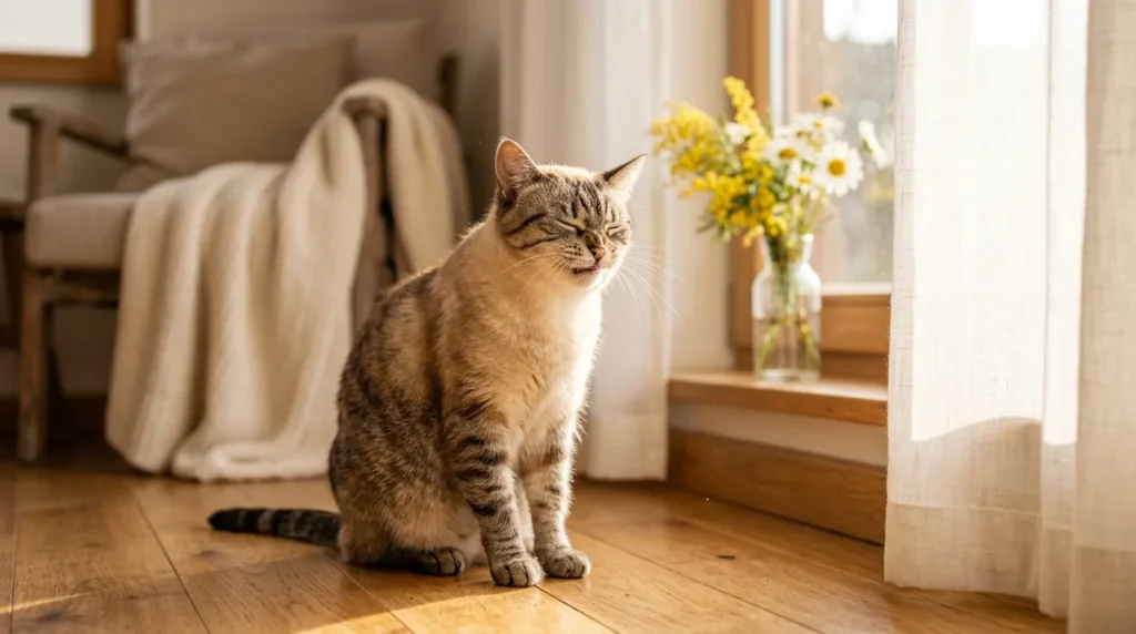 Chat tigré debout dans un salon lumineux près de fleurs