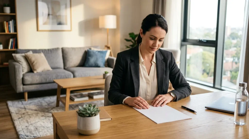 Femme en costume noir signant un papier au bureau