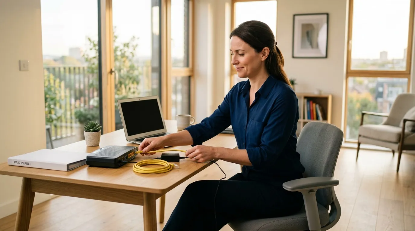 Résilier sa box internet pro sans frais Femme en chemise bleue utilise laptop dans bureau moderne lumineux