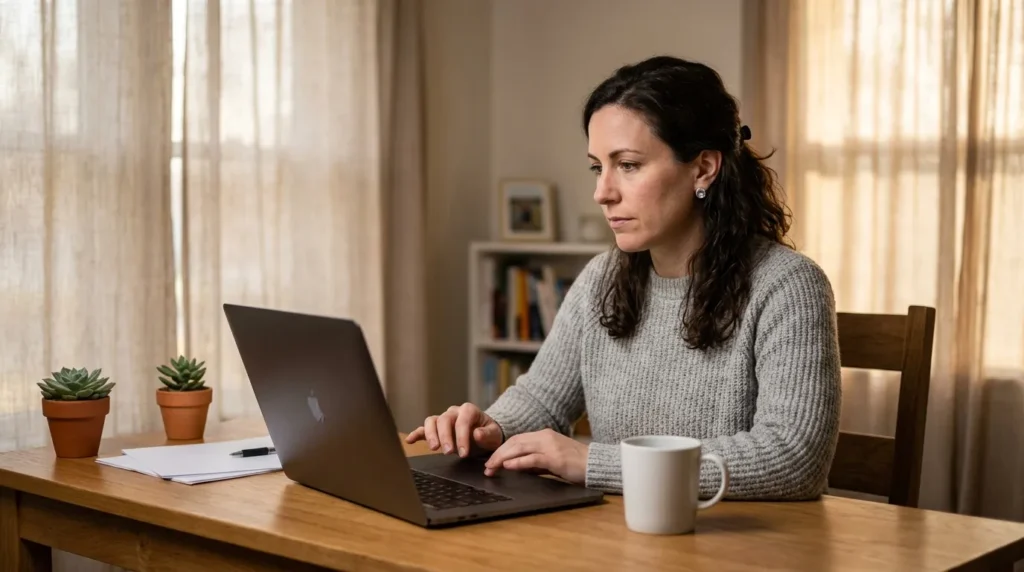Femme en pull gris travaille sur un ordinateur portable à son bureau