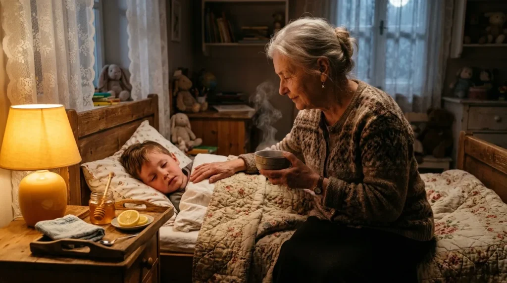 Femme âgée donnant un remède à un enfant au lit