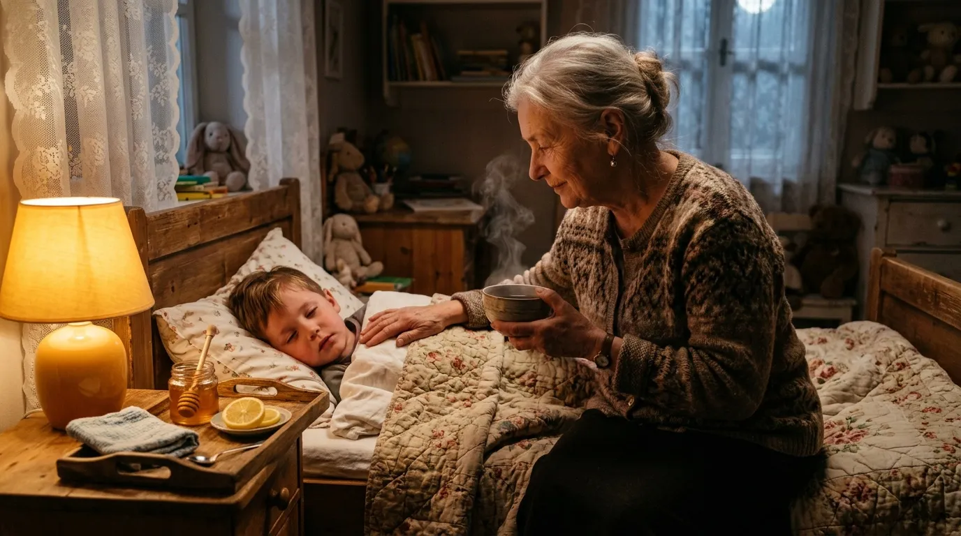 Remède grand-mère : calmer la toux grasse enfant la nuit Femme âgée donnant un remède à un enfant au lit