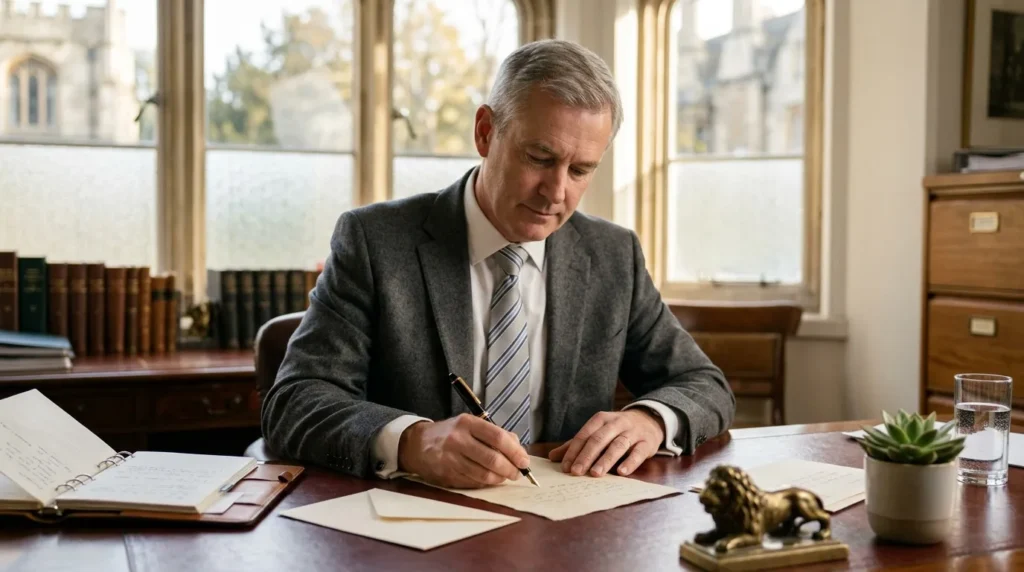 Homme en costume gris signe un document à son bureau