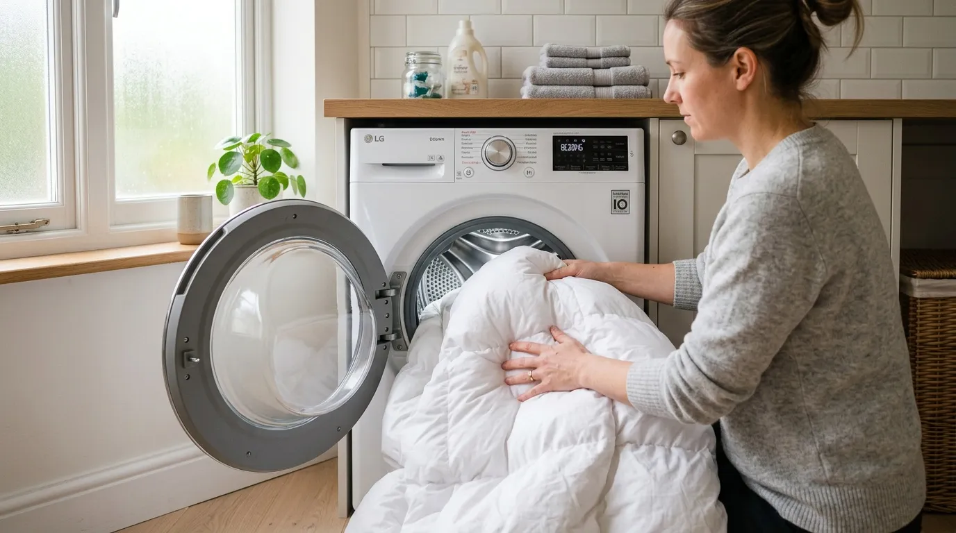 Laver couette en plume : guide machine à laver Femme chargeant une couette blanche dans un lave-linge
