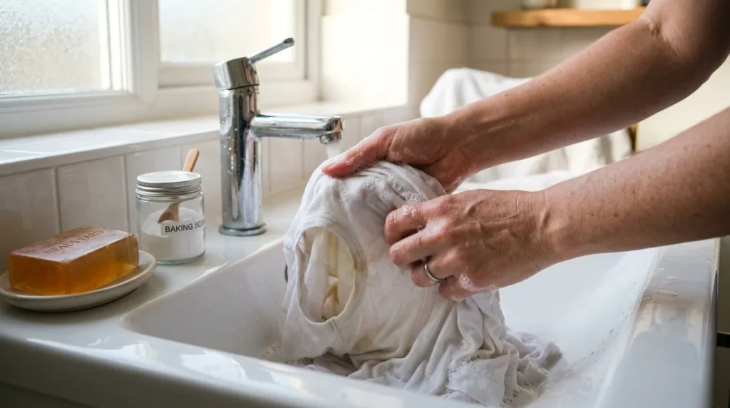Personne lavant un tissu blanc sous l'eau courante