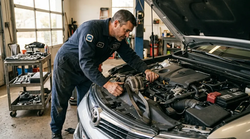 Mécanicien travaille sur le moteur d'une Toyota en atelier