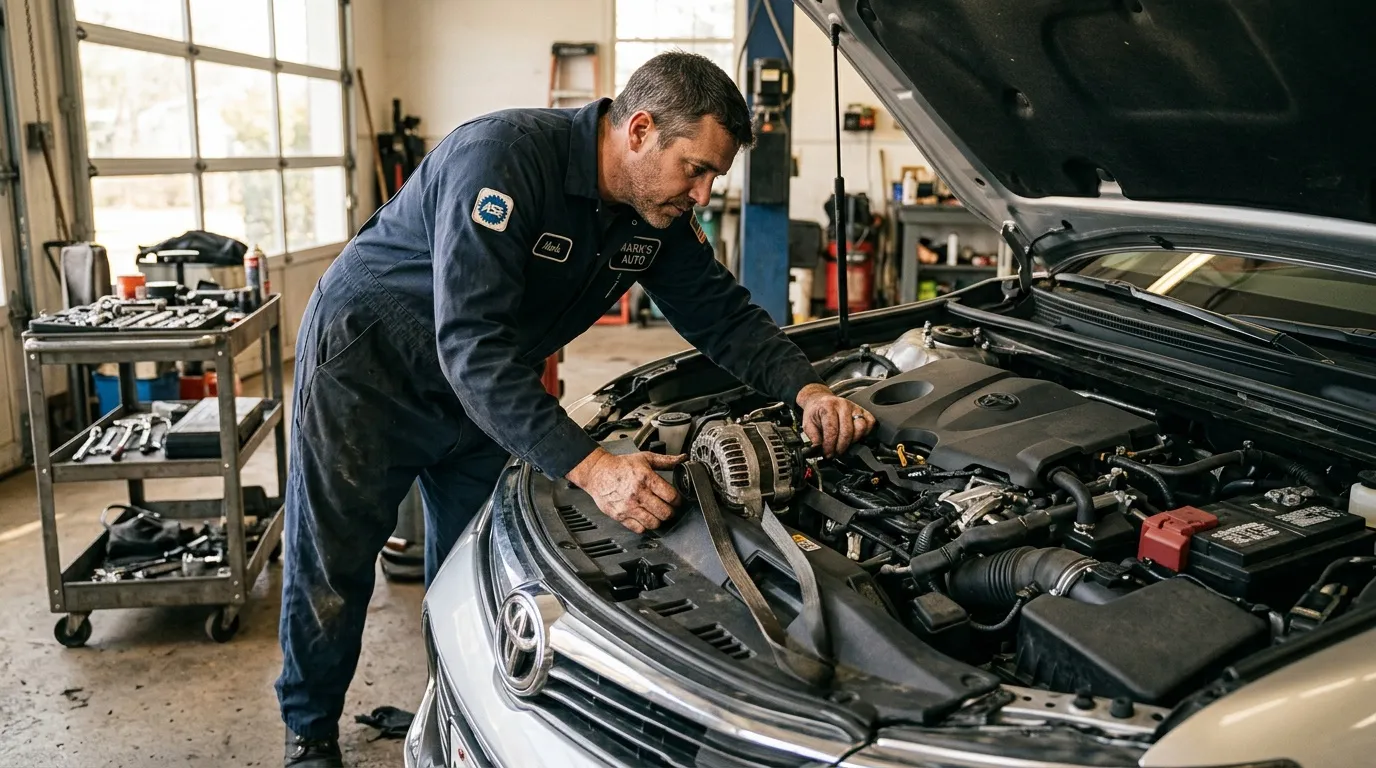 Tester alternateur voiture sans multimètre : méthode simple Mécanicien travaille sur le moteur d'une Toyota en atelier