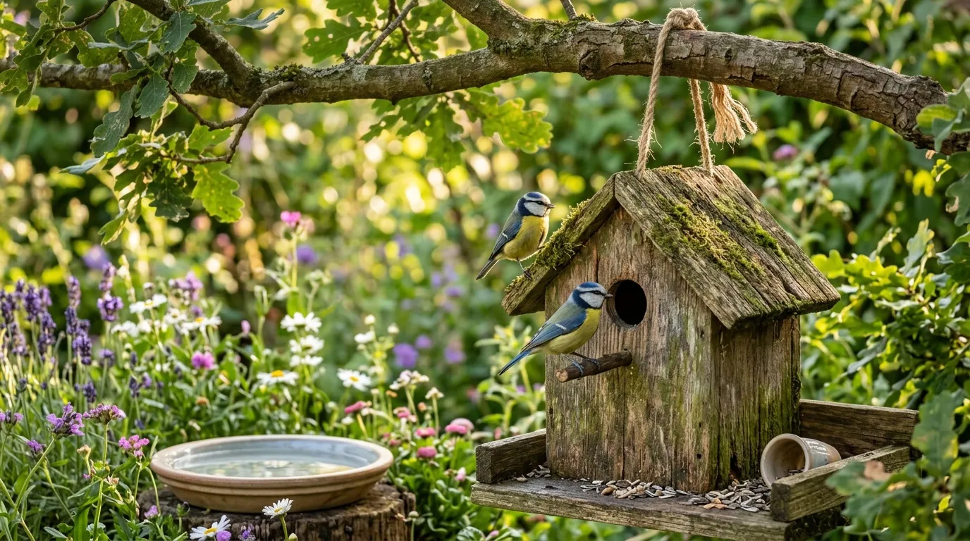 Attirer les oiseaux dans un nichoir : 5 conseils Deux mésanges bleues près d'un nichoir en bois dans un jardin fleuri