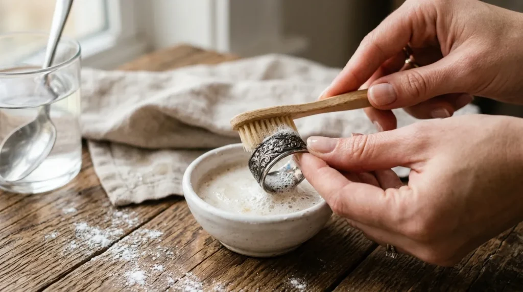 Main brossant une bague argentée avec une brosse douce