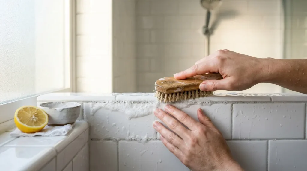 Personne nettoie carreaux blancs avec brosse et citron
