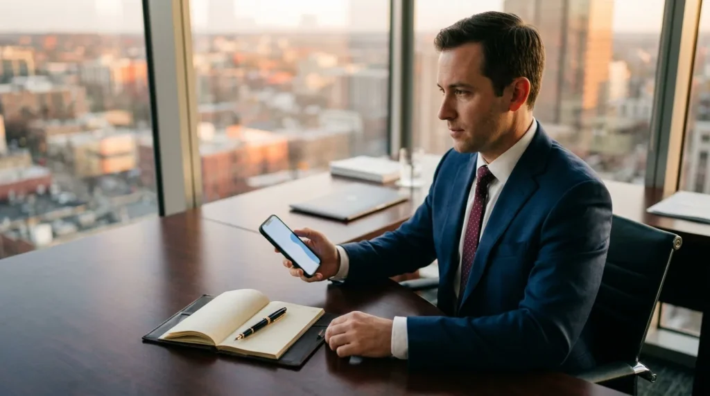 Homme d'affaires consultant smartphone dans bureau haute altitude