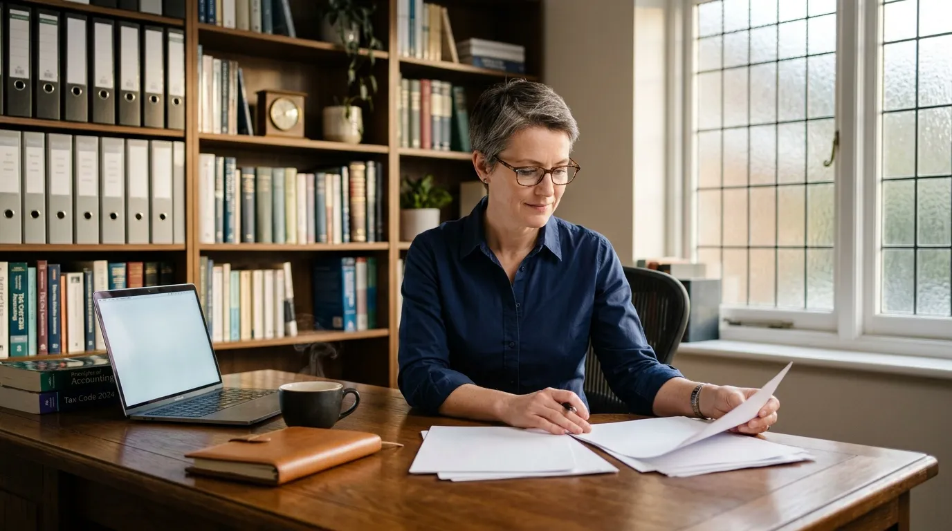 Déclarer revenus parrainage aux impôts : guide fiscal Femme d'affaires lisant des documents à son bureau lumineux
