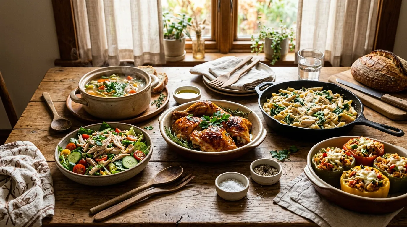 Restes de poulet rôti : 15 recettes faciles Table dressée avec plusieurs plats cuisinés et pain frais