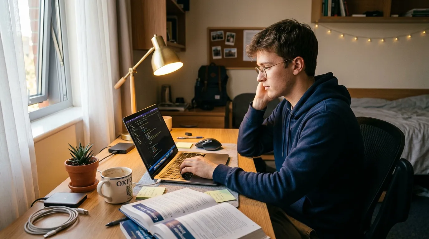 Quel PC portable choisir pour étudiant informatique Jeune homme codant sur ordinateur portable dans chambre universitaire