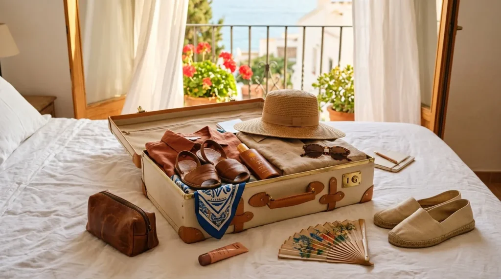Valise vintage ouverte contenant chaussures, chapeau, accessoires de voyage